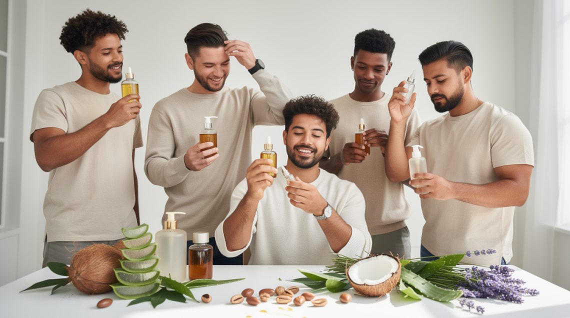 découvrez nos soins capillaires naturels pour hommes, incluant huiles essentielles et routines adaptées pour des cheveux forts et en pleine santé.